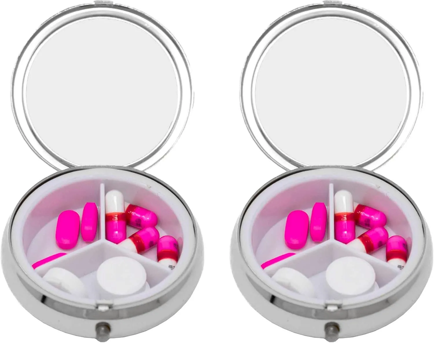 Set of 2 Circular Triple-Compartment Pocket Purse Pill Box & Organizer with Insert (Amethyst Gemstones)
