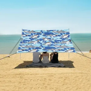Sharks with Sunglasses Beach Canopy Tent Anti-UV & Wind Resistant, Blue Tie Dye Camping Sun Shelter Easy Setup Portable,Outdoor Shade Tents with Sandbags,Sand Shovels,Ground Pegs & Stability Pol