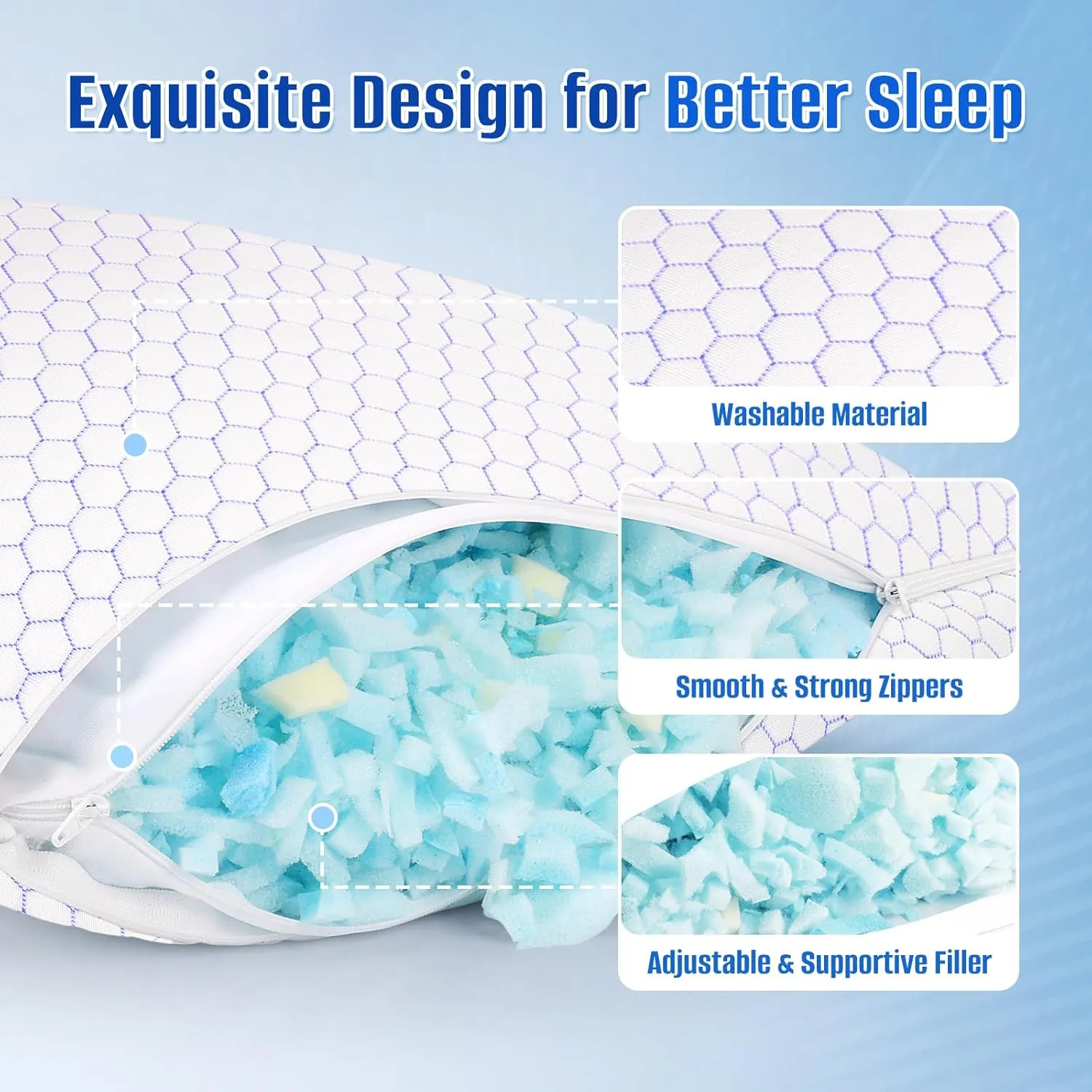 Shredded Memory Foam Pillow for Sleeping, Cooling Bed Pillows Set of 2, Adjustable Pillows for Side, Back, Stomach Sleepers with Washable Pillowcase (Queen Size)