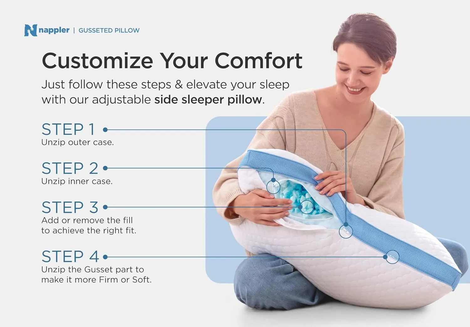 Side and Back Sleeper Pillow for Neck and Shoulder Pain Relief - Shredded Memory Foam Bed Pillow for Sleeping - 100% Adjustable Fill - Queen Size - Modal Washable Case. Extra Fill Included