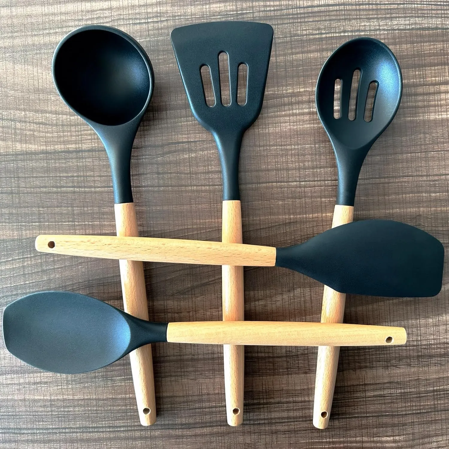 Silicone Cooking Utensils Set of 5, Heat Resistant Silicone Kitchen Utensils Set with Wooden Handle, BPA Free Spatula Spoon Turner Ladle Cooking Kitchen Gadgets for Nonstick Cookware & Baking