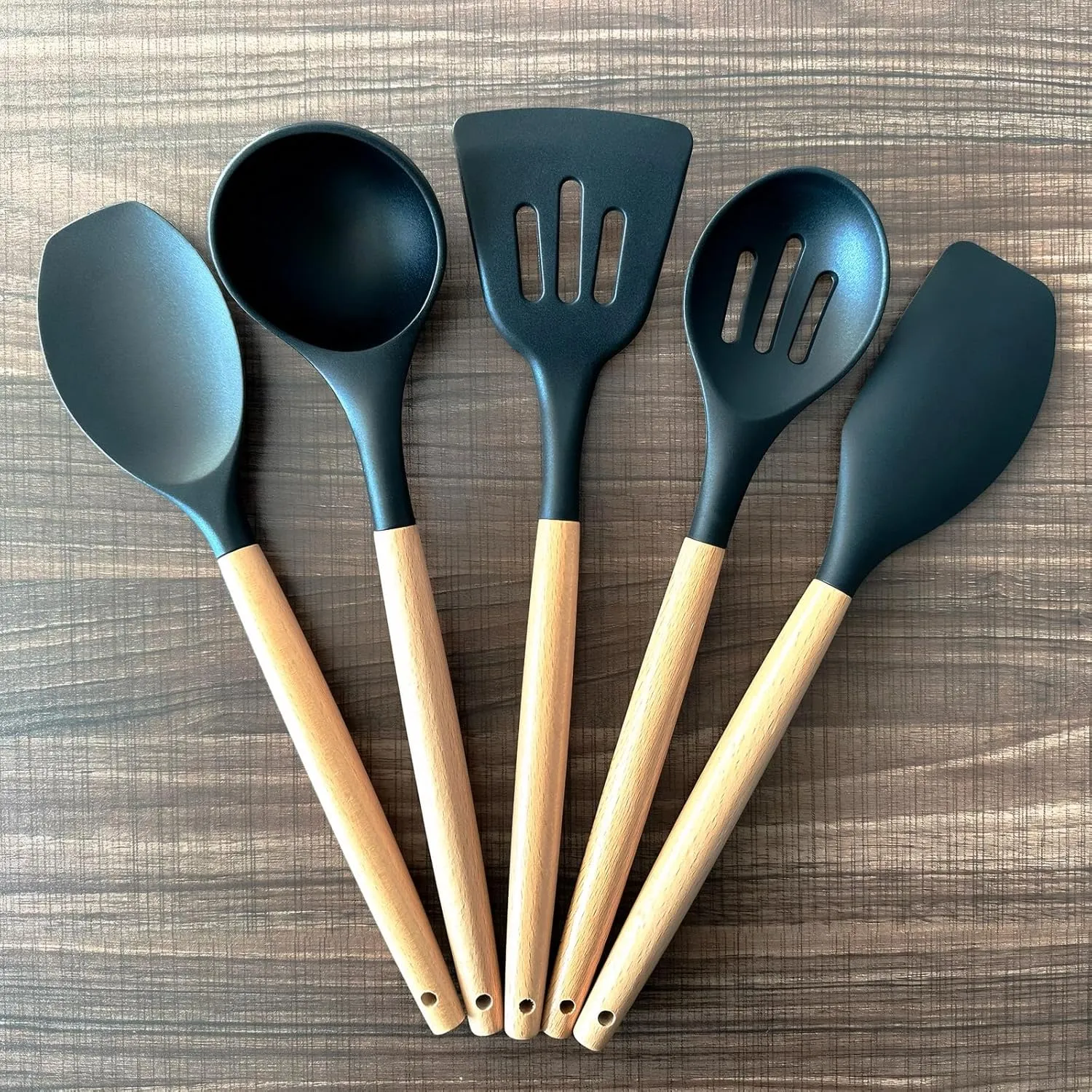 Silicone Cooking Utensils Set of 5, Heat Resistant Silicone Kitchen Utensils Set with Wooden Handle, BPA Free Spatula Spoon Turner Ladle Cooking Kitchen Gadgets for Nonstick Cookware & Baking