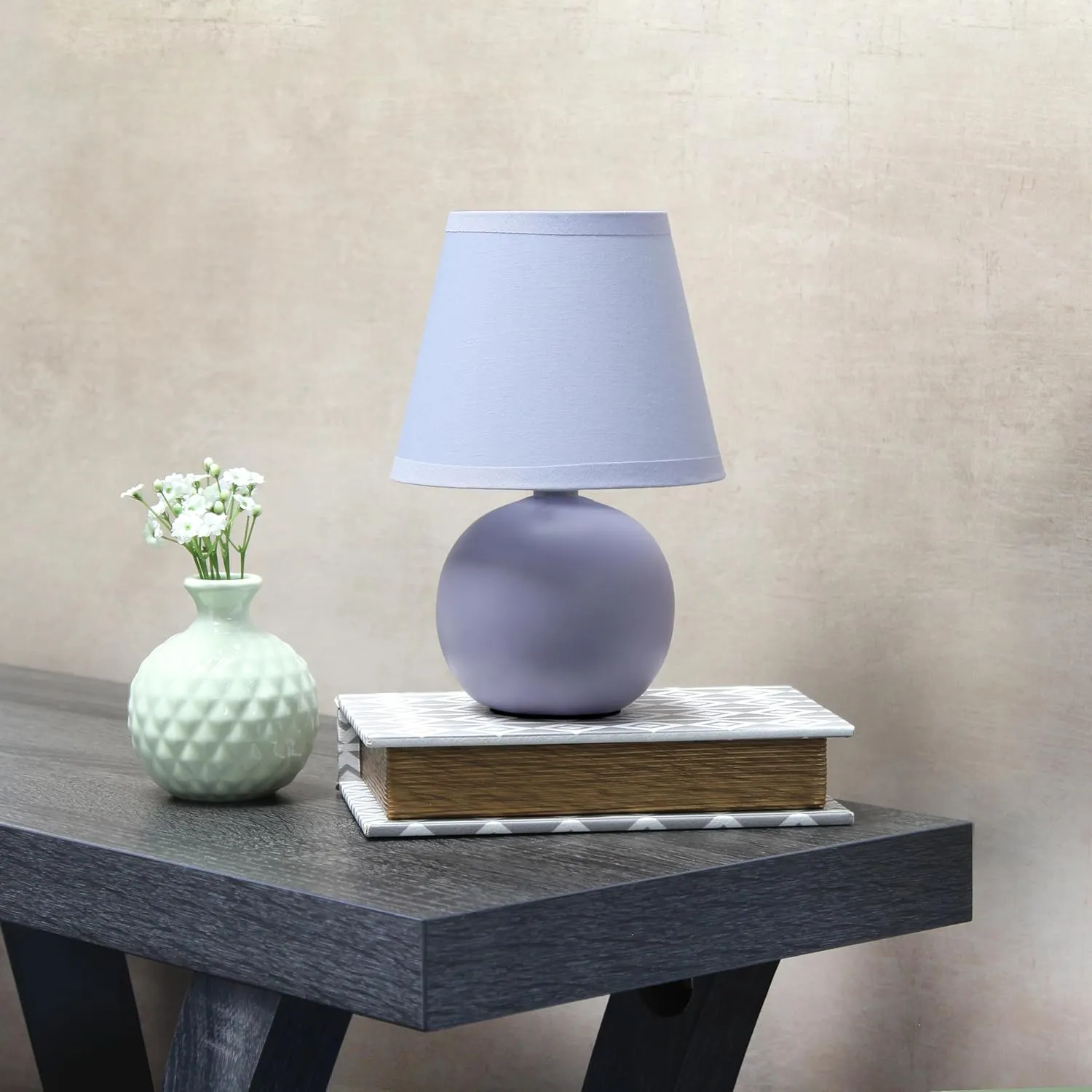 Simple Designs LT1196-PRP-2PK 8.66" 2-Pack Chic Little Globe Ceramic Table Lamp Set with Matching Tapered Shade, for Living Room, Bedroom, Office, Purple