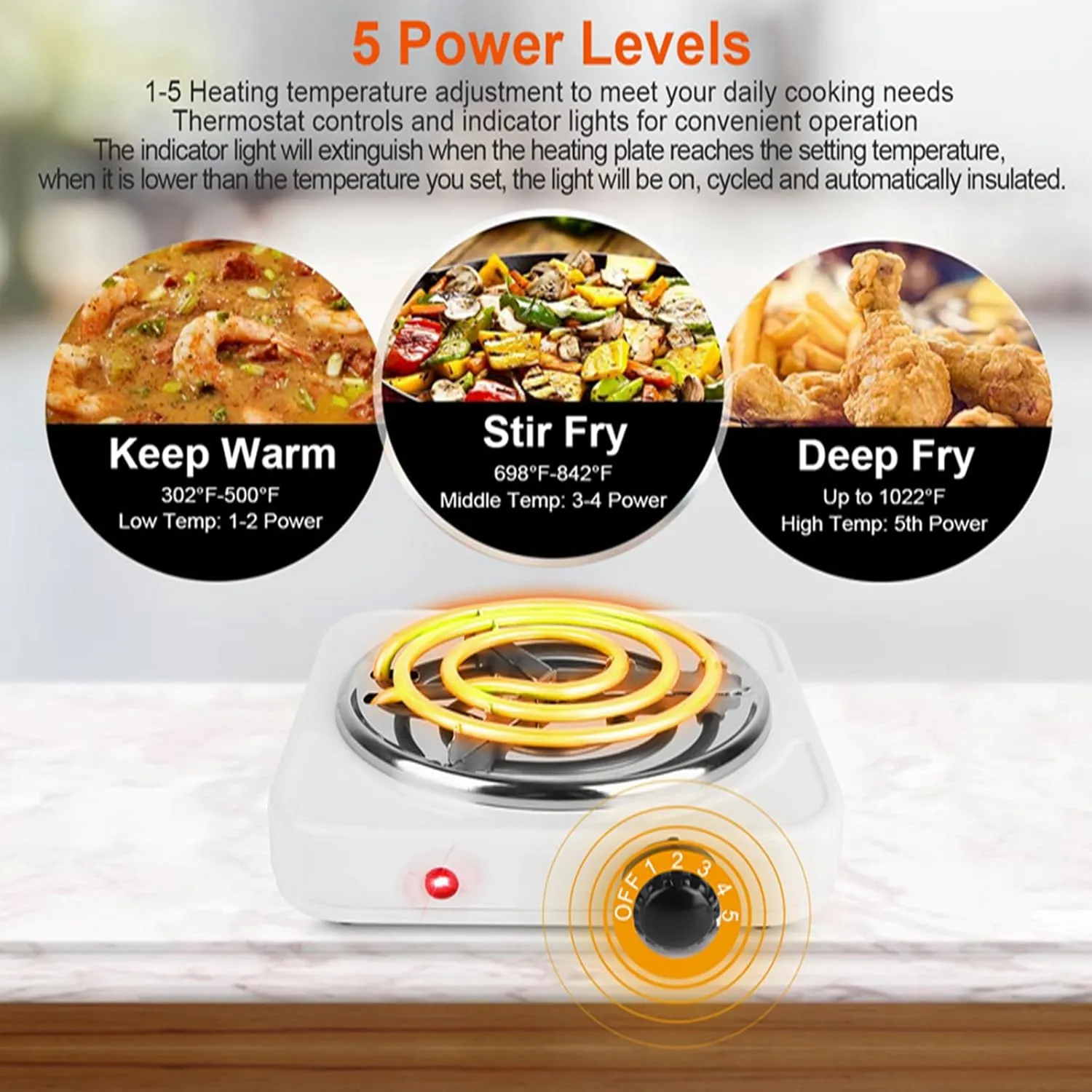 Single Burner Hot Plate, 1000W Portable Electric Stove, Double Coil Burner w/5 Power Levels Control & Non-Slip Rubber Feet, Easy to Clean Stainless Steel Hot Plate for Kitchen Camp Dorm, Black