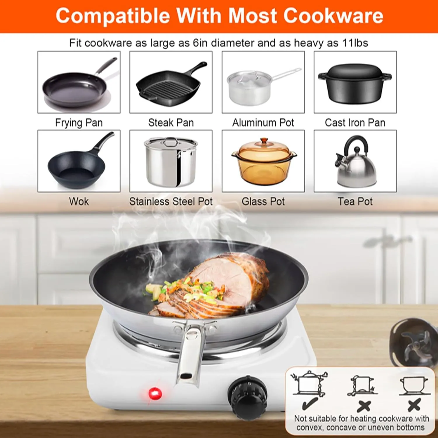 Single Burner Hot Plate, 1000W Portable Electric Stove, Double Coil Burner w/5 Power Levels Control & Non-Slip Rubber Feet, Easy to Clean Stainless Steel Hot Plate for Kitchen Camp Dorm, Black