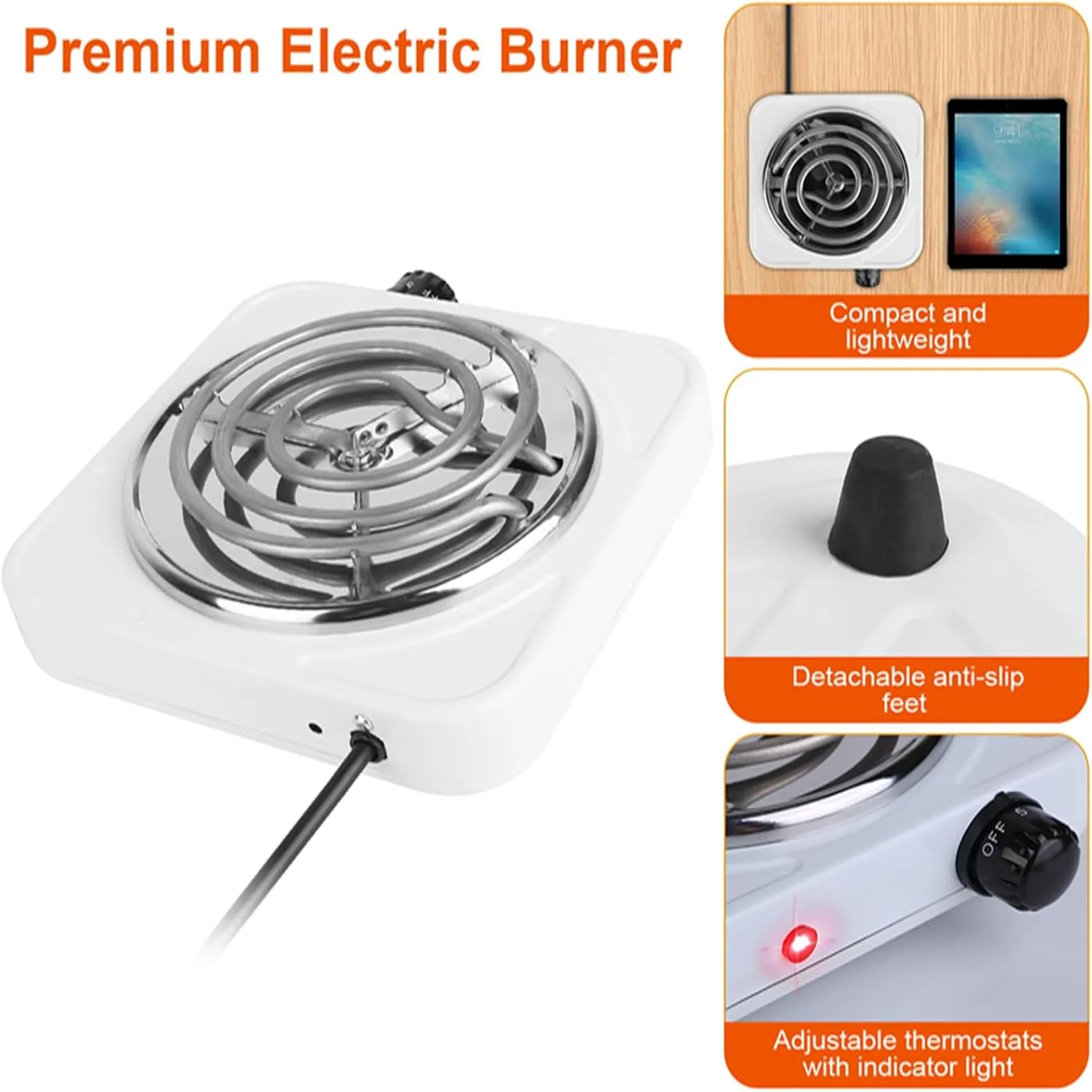 Single Burner Hot Plate, 1000W Portable Electric Stove, Double Coil Burner w/5 Power Levels Control & Non-Slip Rubber Feet, Easy to Clean Stainless Steel Hot Plate for Kitchen Camp Dorm, Black