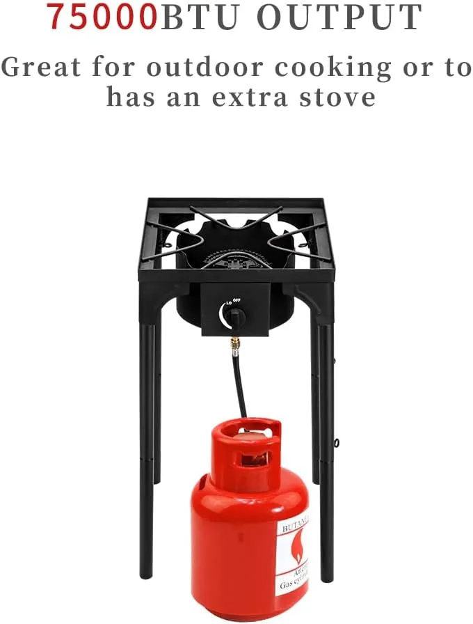 Single Burner Propane Stove, 75000 BTU Outdoor Gas Stove with 0-20 PSI Adjustable Regulator and 4ft Hose, Outdoor Cooking Stove for Patio Backyard Camping with Detachable Stand Legs