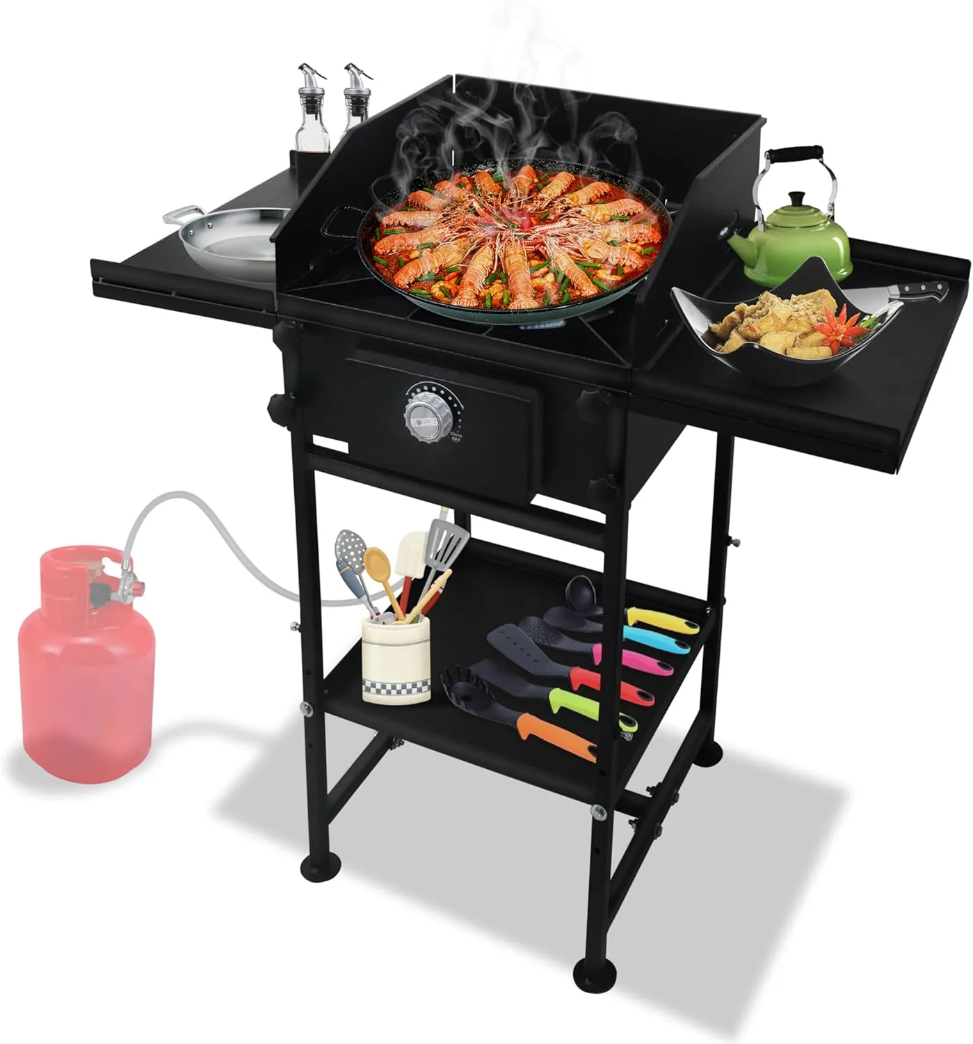 Single Propane Burner Stove -130,000 High btu Propane Burner Camping Stove with Dual Side & Bottom Shelf & Wind Panel Steel Single Burner Propane Stove with CSA-approved 0-20 PSI regulator & hose pipe