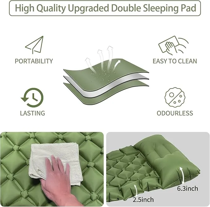 Single Sleeping Pad for Camping, Ultralight Inflatable Sleeping Mat with Pillow and Built-in Foot Pump, Portable Camping Mattress for Tent, Backpacking, Hiking, Traveling（Green）
