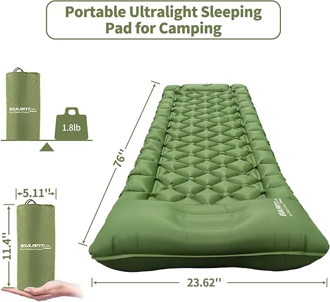 Single Sleeping Pad for Camping, Ultralight Inflatable Sleeping Mat with Pillow and Built-in Foot Pump, Portable Camping Mattress for Tent, Backpacking, Hiking, Traveling（Green）