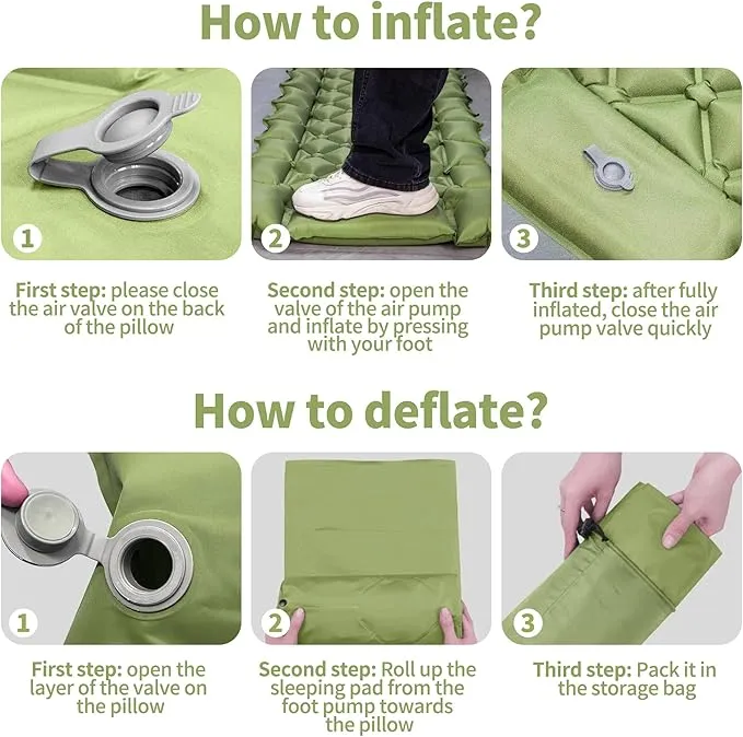 Single Sleeping Pad for Camping, Ultralight Inflatable Sleeping Mat with Pillow and Built-in Foot Pump, Portable Camping Mattress for Tent, Backpacking, Hiking, Traveling（Green）