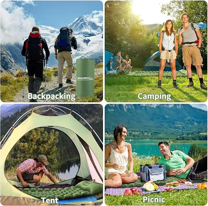 Single Sleeping Pad for Camping, Ultralight Inflatable Sleeping Mat with Pillow and Built-in Foot Pump, Portable Camping Mattress for Tent, Backpacking, Hiking, Traveling（Green）
