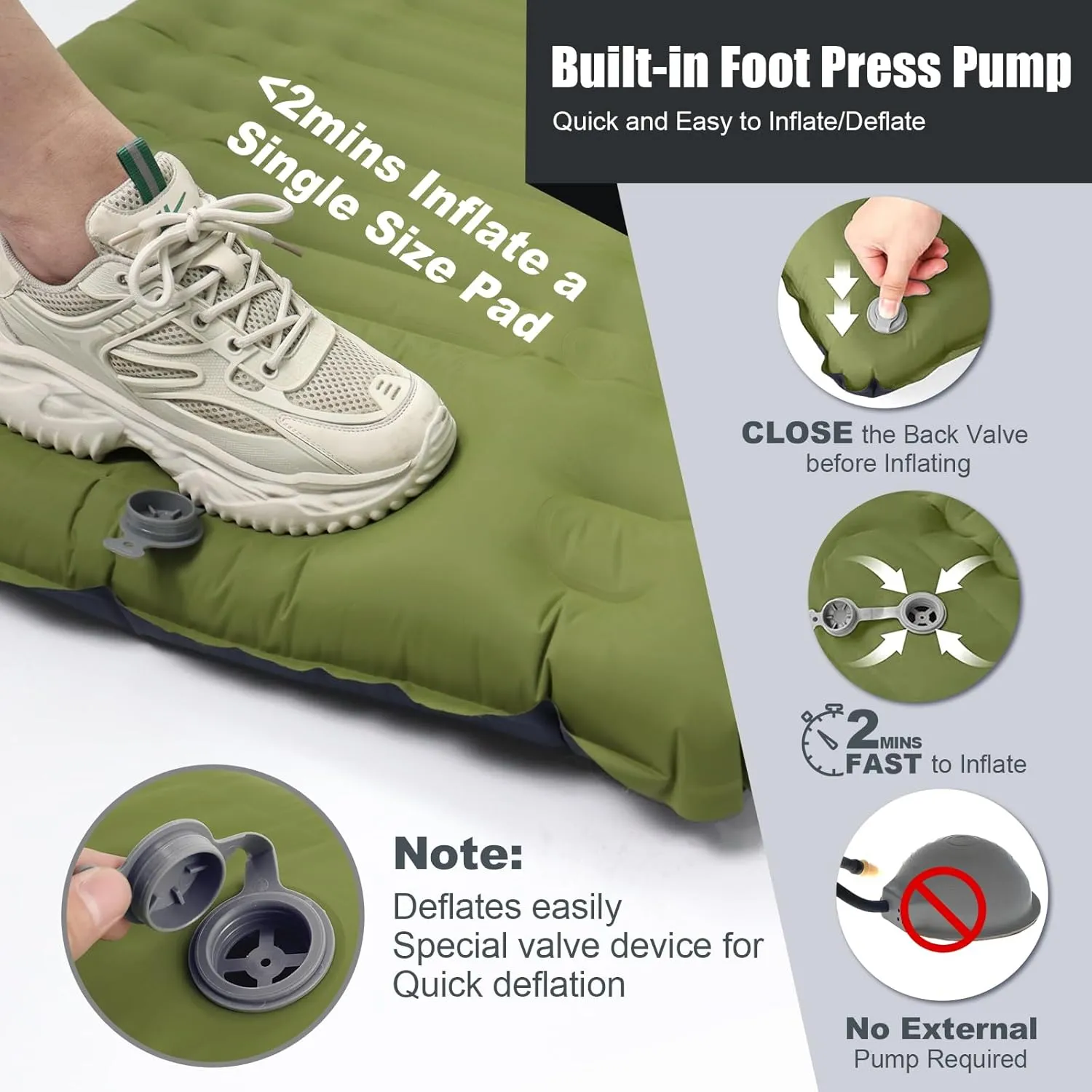 Sleeping Pad for Camping, Lightweight Extra Thickness Inflatable Sleeping Mat, Waterproof Air Mattress with Built-in Pump for Backpacking, Hiking, Tent, Traveling, 4.7 Inch (Single, Green)