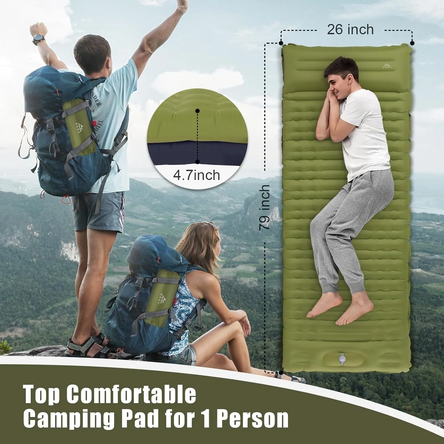 Sleeping Pad for Camping, Lightweight Extra Thickness Inflatable Sleeping Mat, Waterproof Air Mattress with Built-in Pump for Backpacking, Hiking, Tent, Traveling, 4.7 Inch (Single, Green)
