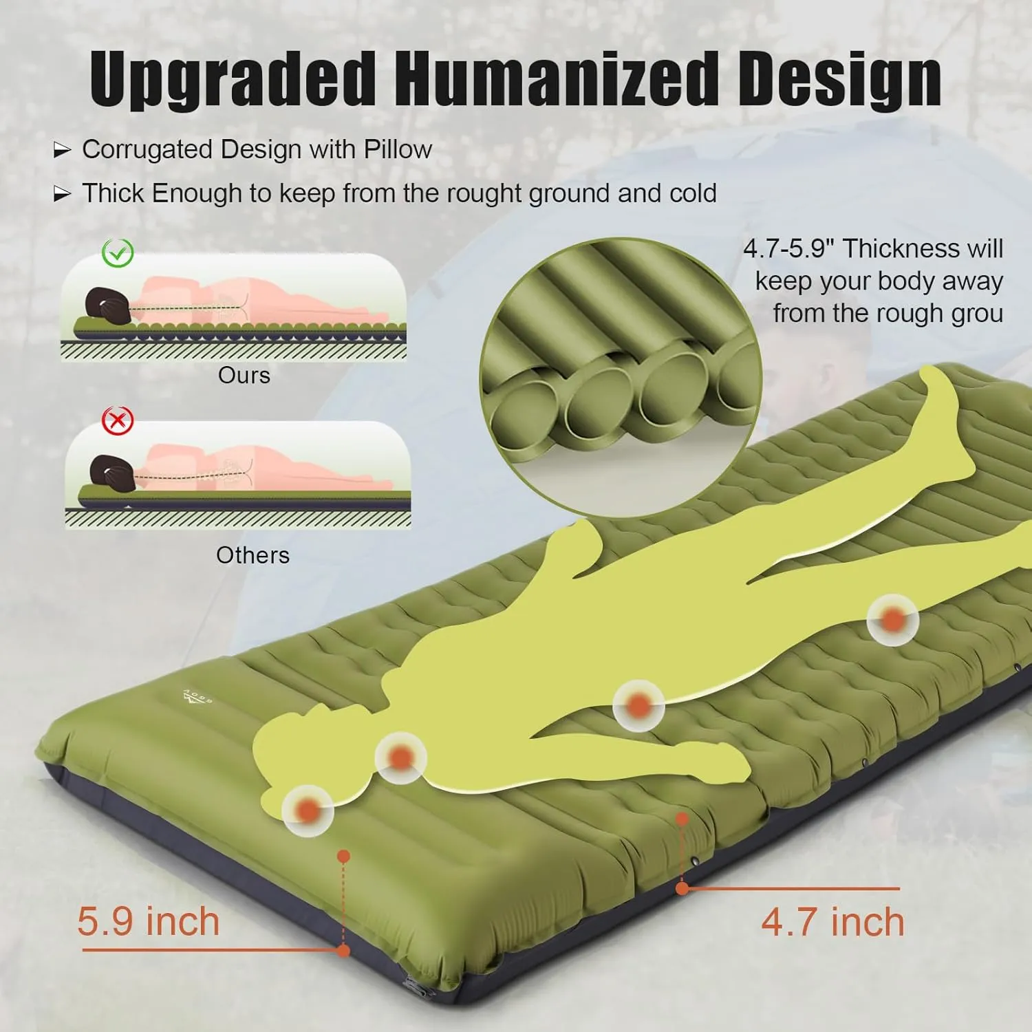 Sleeping Pad for Camping, Lightweight Extra Thickness Inflatable Sleeping Mat, Waterproof Air Mattress with Built-in Pump for Backpacking, Hiking, Tent, Traveling, 4.7 Inch (Single, Green)
