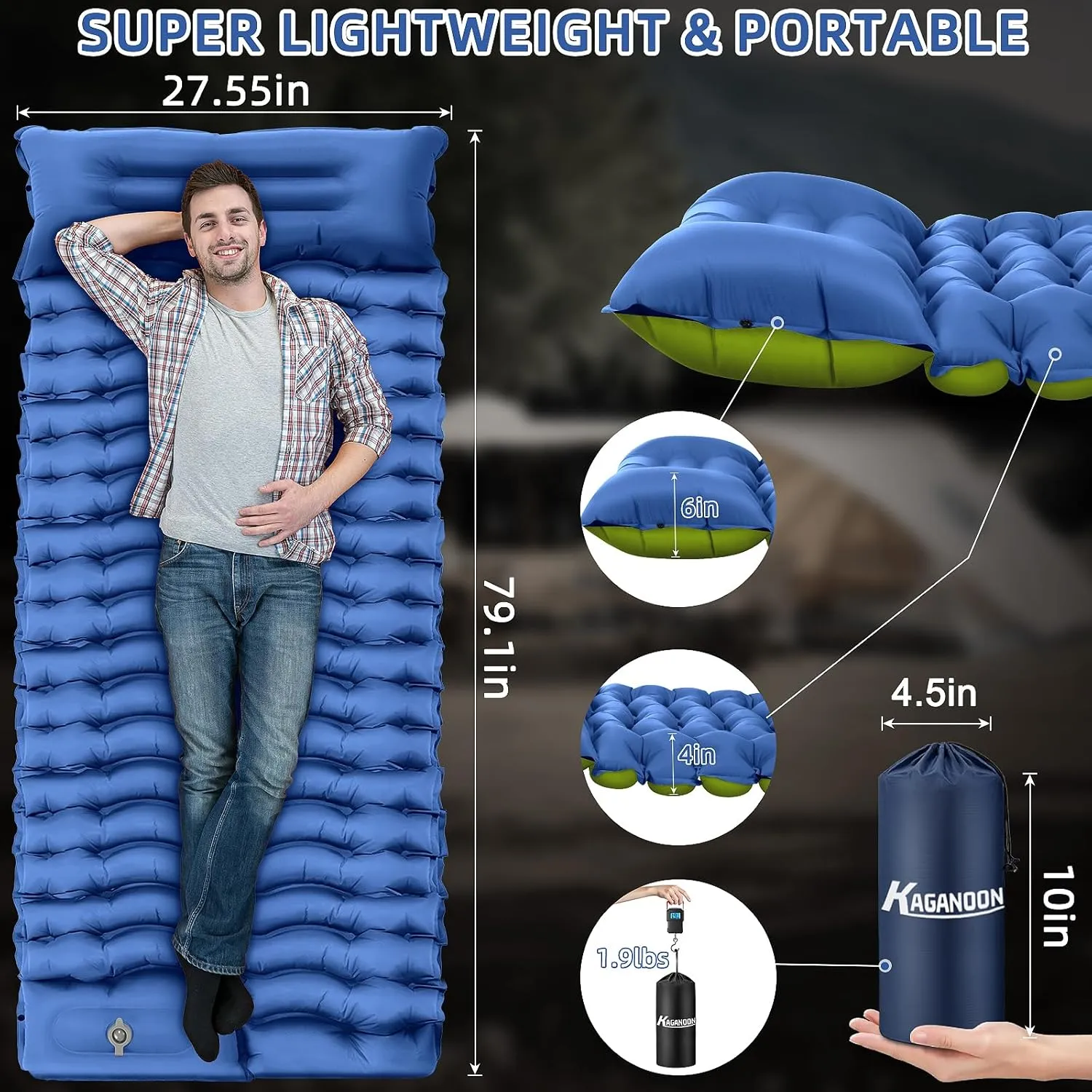 Sleeping Pad for Camping, Ultralight Inflatable Camping Mat with Pillow Built-in Foot Pump Sleeping Pads, Compact & Lightweight Camp Air Mattress for Backpacking, Hiking