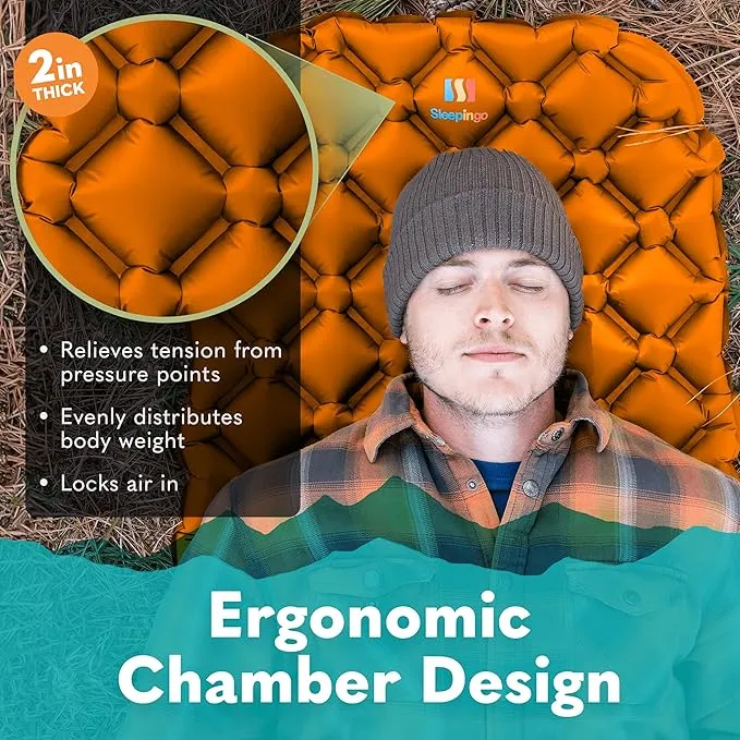 Sleeping Pad for Camping - Ultralight Sleeping Mat for Camping, Backpacking, Hiking - Lightweight, Inflatable & Compact Camping Air Mattress - Inflatable Camping Mat (Orange, 2 Pack)