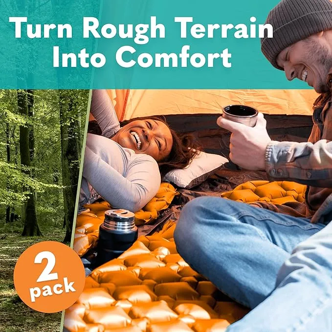 Sleeping Pad for Camping - Ultralight Sleeping Mat for Camping, Backpacking, Hiking - Lightweight, Inflatable & Compact Camping Air Mattress - Inflatable Camping Mat (Orange, 2 Pack)