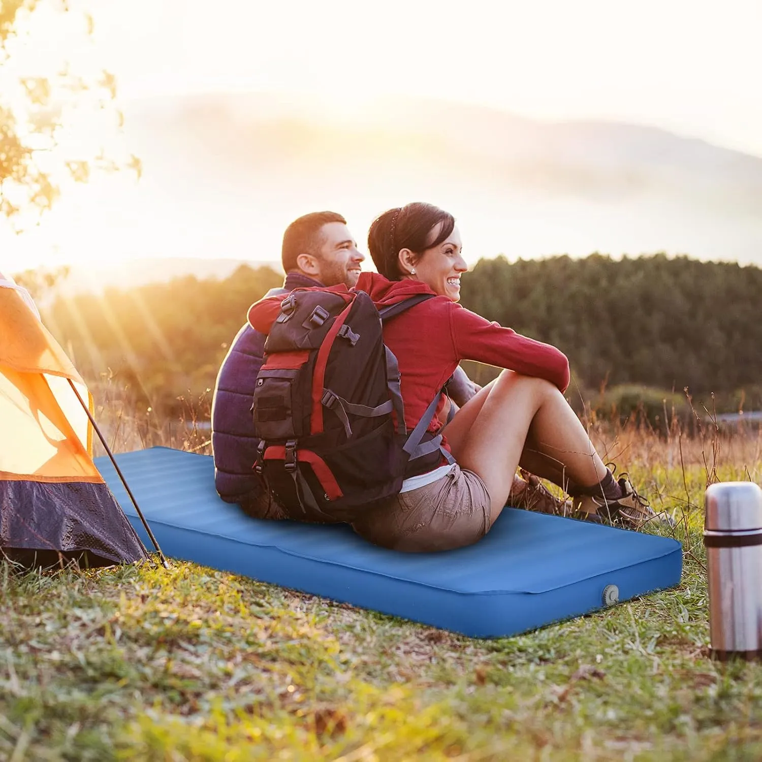 Sleeping Pad for Camping with 2-in-1 Air Pump Sack Carry Bag, 4inch Inflatable Camping Mattress for Backpacking Hiking Car Traveling, Waterproof Ultralight Camping Sleeping Mat, Blue