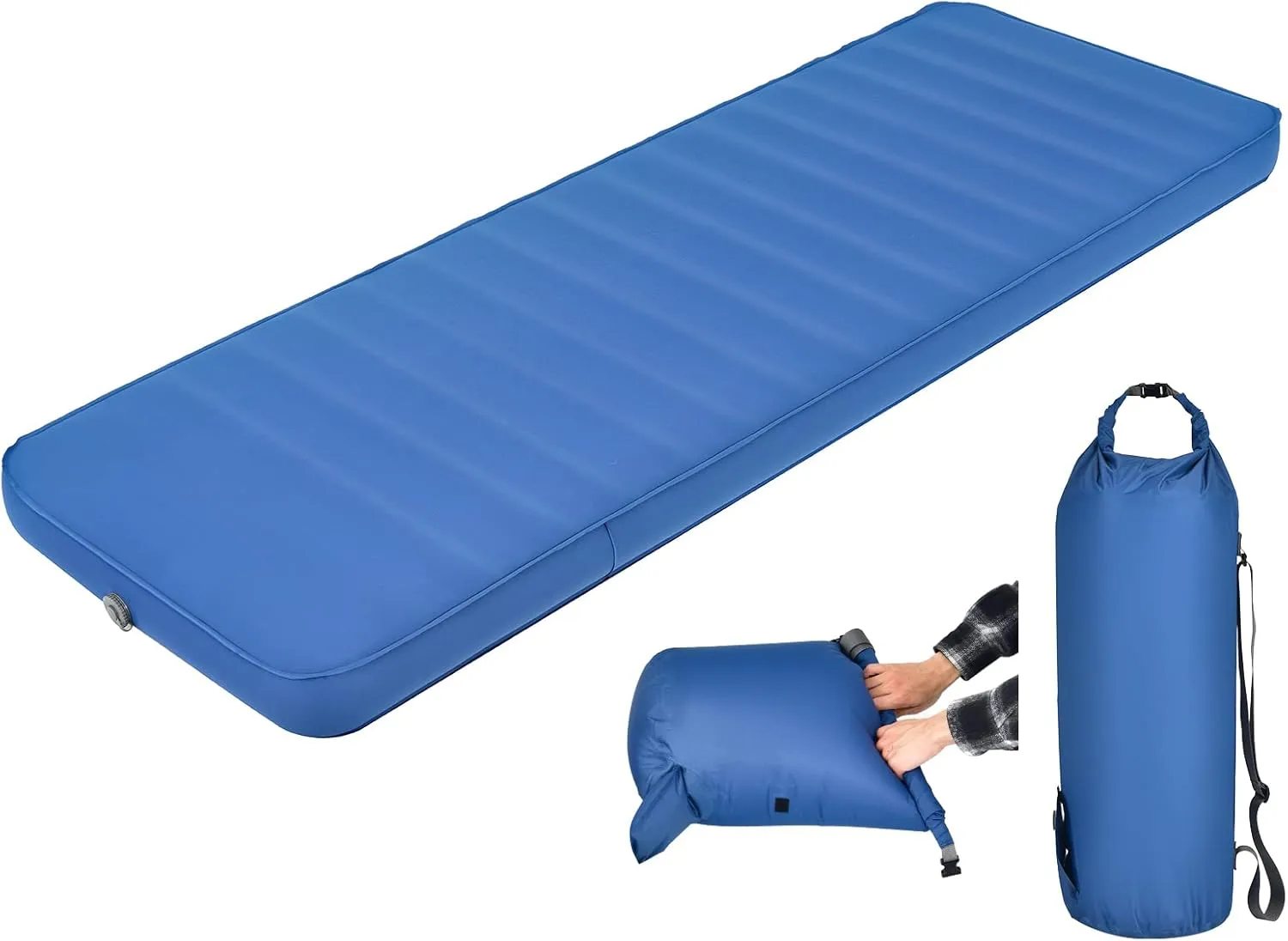 Sleeping Pad for Camping with 2-in-1 Air Pump Sack Carry Bag, 4inch Inflatable Camping Mattress for Backpacking Hiking Car Traveling, Waterproof Ultralight Camping Sleeping Mat, Blue