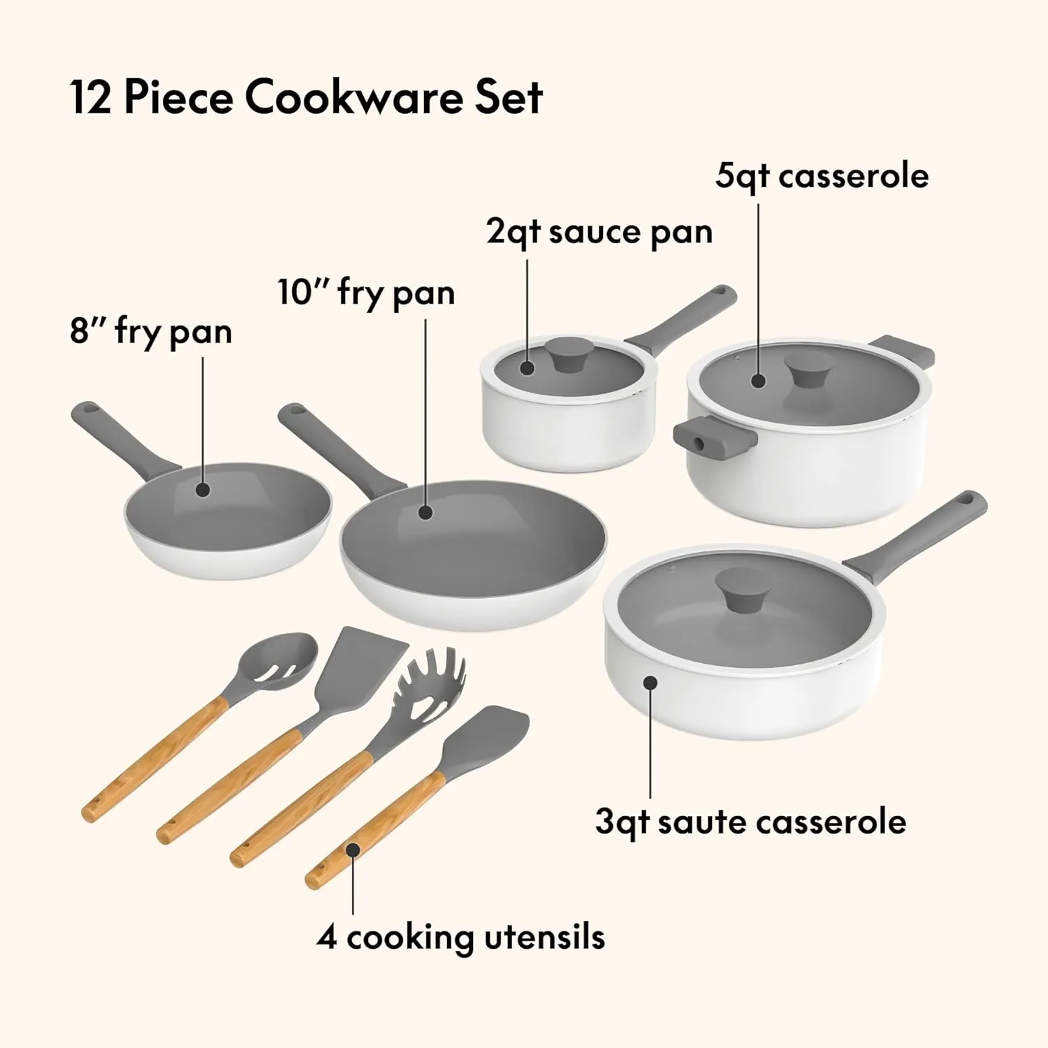 So Yummy by bella 12 Piece Cookware Set w EverGood™ Ceramic Nonstick Coating​ and Silicone & Wood Utensils, Dishwasher Safe Silicone & Glass Lids, Oven Safe & All Stovetop Compatible, Frost, So Yummy
