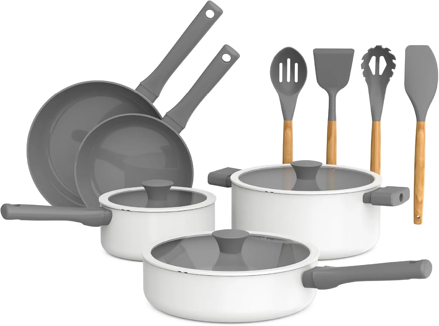 So Yummy by bella 12 Piece Cookware Set w EverGood™ Ceramic Nonstick Coating​ and Silicone & Wood Utensils, Dishwasher Safe Silicone & Glass Lids, Oven Safe & All Stovetop Compatible, Frost, So Yummy