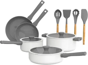 So Yummy by bella 12 Piece Cookware Set w EverGood™ Ceramic Nonstick Coating​ and Silicone & Wood Utensils, Dishwasher Safe Silicone & Glass Lids, Oven Safe & All Stovetop Compatible, Frost, So Yummy