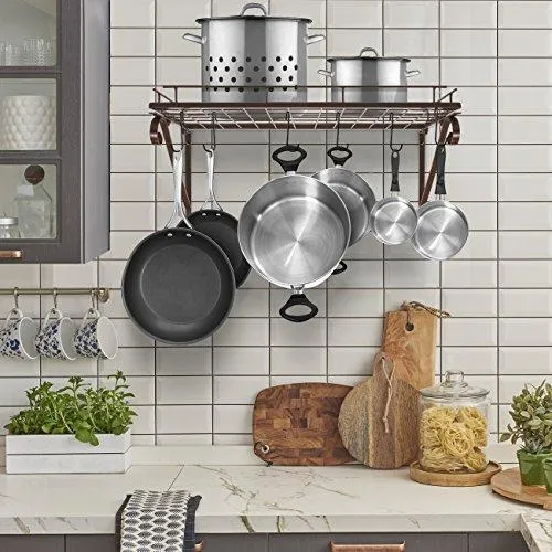 Sorbus Pots and Pan Rack — Decorative Wall Mounted Storage Hanging Rack — Multipurpose Wrought-Iron shelf Organizer for Kitchen Cookware, Utensils, Pans, Books, Bathroom (Wall Rack - Black)