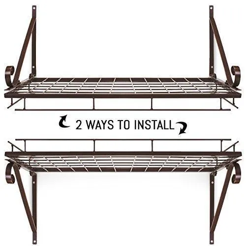 Sorbus Pots and Pan Rack — Decorative Wall Mounted Storage Hanging Rack — Multipurpose Wrought-Iron shelf Organizer for Kitchen Cookware, Utensils, Pans, Books, Bathroom (Wall Rack - Black)