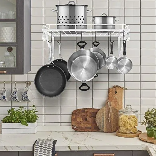Sorbus Pots and Pan Rack — Decorative Wall Mounted Storage Hanging Rack — Multipurpose Wrought-Iron shelf Organizer for Kitchen Cookware, Utensils, Pans, Books, Bathroom (Wall Rack - Black)