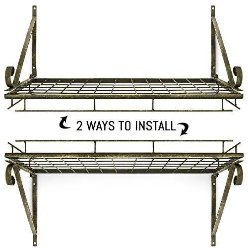 Sorbus Pots and Pan Rack — Decorative Wall Mounted Storage Hanging Rack — Multipurpose Wrought-Iron shelf Organizer for Kitchen Cookware, Utensils, Pans, Books, Bathroom (Wall Rack - Black)