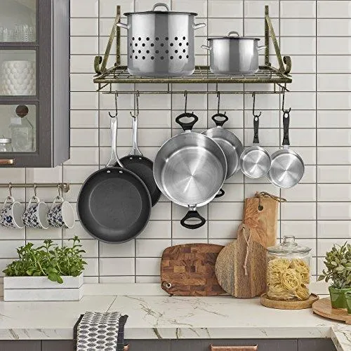 Sorbus Pots and Pan Rack — Decorative Wall Mounted Storage Hanging Rack — Multipurpose Wrought-Iron shelf Organizer for Kitchen Cookware, Utensils, Pans, Books, Bathroom (Wall Rack - Black)