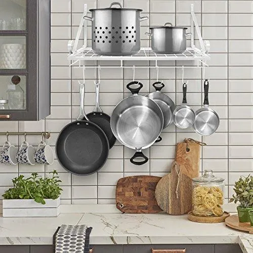 Sorbus Pots and Pan Rack — Decorative Wall Mounted Storage Hanging Rack — Multipurpose Wrought-Iron shelf Organizer for Kitchen Cookware, Utensils, Pans, Books, Bathroom (Wall Rack - Black)