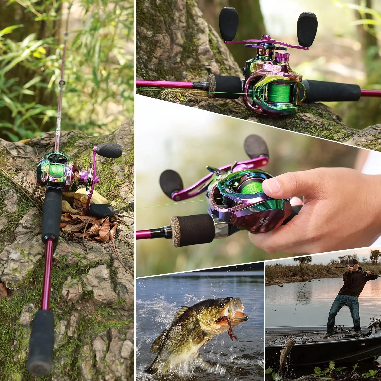 Sougayilang 2-Piece Baitcaster Combo, Carbon Fiber Fishing Rod and Reel Combo, Purple Fishing Pole with Baitcasting Reel Set for Freshwater Fishing Gear