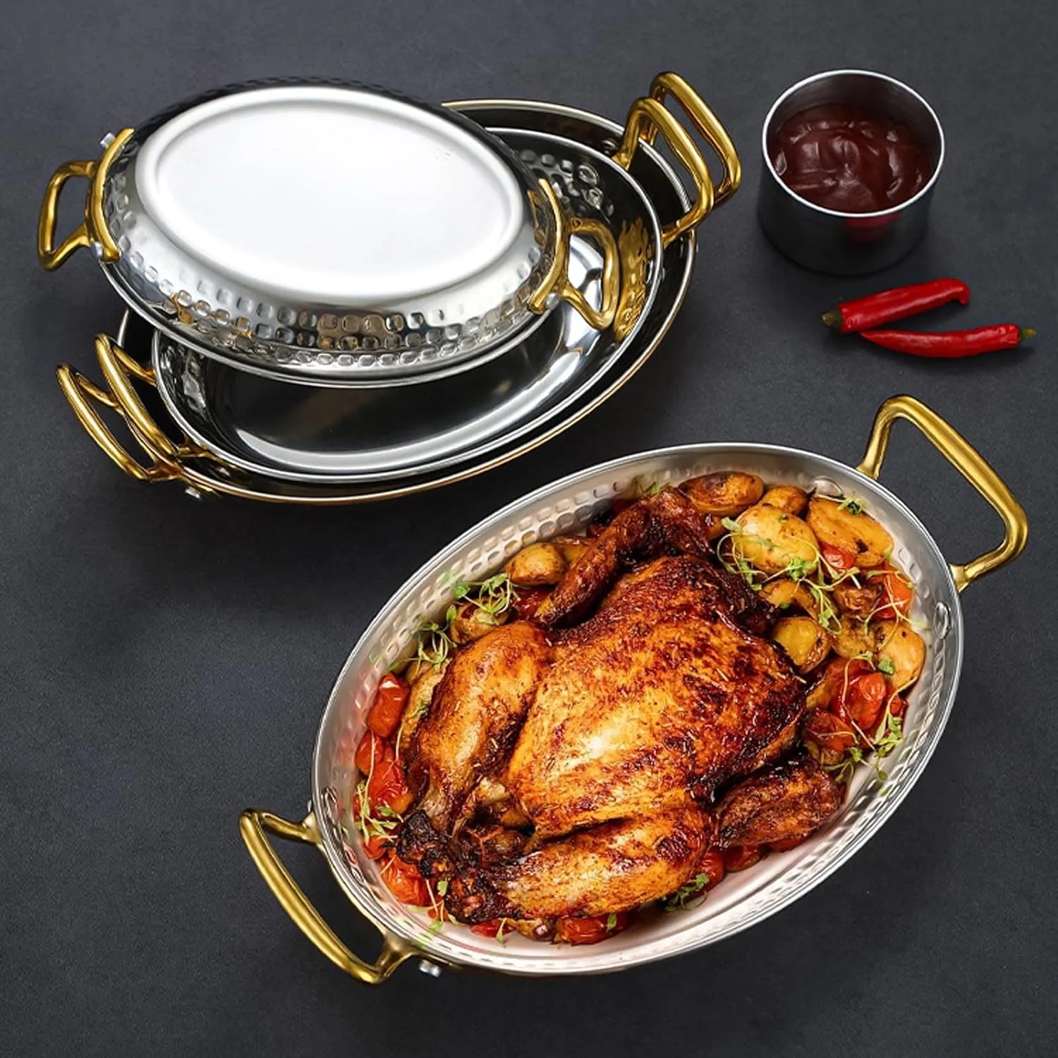 Spanish Paella Pan - 304 Stainless Steel Non Stick Uncoated Saucepan Soup Hot Pot Stockpot with Double Metal Handle for Homes Or Restaurants,Rose Gold
