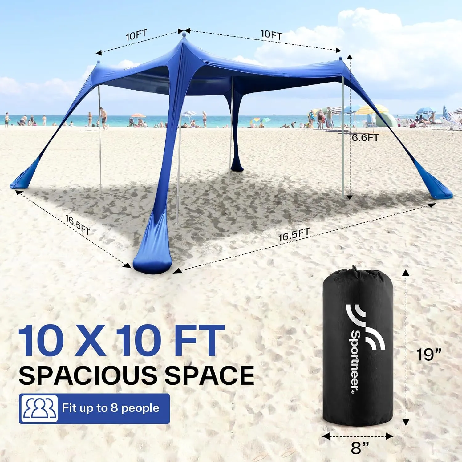 Sportneer Beach Tent, 10x10FT Beach Canopy Sun Shelter UPF50  with Sandbags, Sand Shovels, Ground Pegs & Stability Poles, Outdoor Beach Shade Canopy for Beach Camping Fishing
