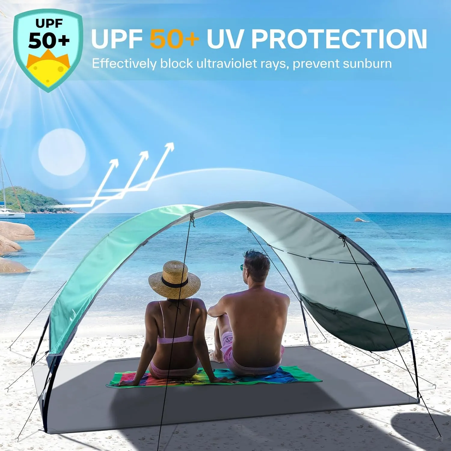 Sportneer Beach Tent Sun Shelter: UPF 50  UV Protection Beach Canopy Tent Sun Shade for 2-3 Person, Easy Set Up Beach Tent Canopy with 8 Wind Ropes and 12 Ground Stakes for Beach, Size 96.5''x55.7''
