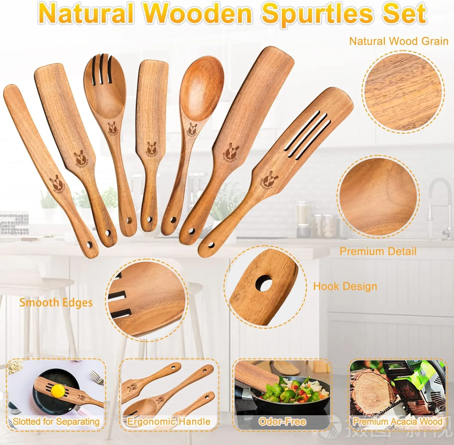 Spurtles 7Pcs Wooden Spatula Set, Natural Premium Acacia Wooden Spoons for Cooking, Heat Resistant Cooking Utensil for Nonstick Cookware