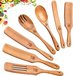 Spurtles 7Pcs Wooden Spatula Set, Natural Premium Acacia Wooden Spoons for Cooking, Heat Resistant Cooking Utensil for Nonstick Cookware