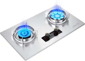 Stainless Steel Gas Stove 2 Burners, 5.2/7.0KW 9 Cavity High Fire, 180 Minutes Timer (double Independent), Freestanding Stove Camping Outdoor(LPG)