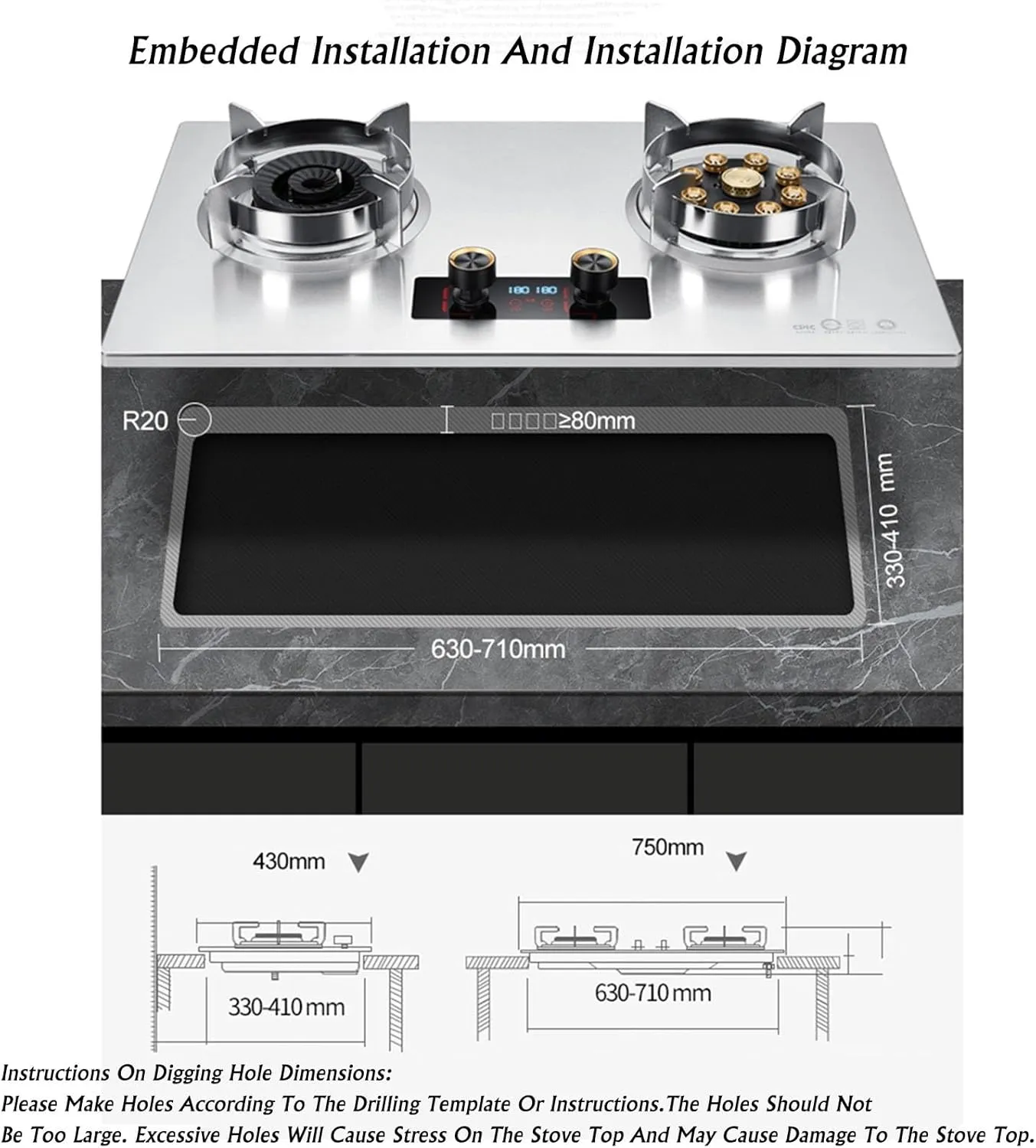 Stainless Steel Gas Stove 2 Burners, 5.2/7.0KW 9 Cavity High Fire, 180 Minutes Timer (double Independent), Freestanding Stove Camping Outdoor(LPG)
