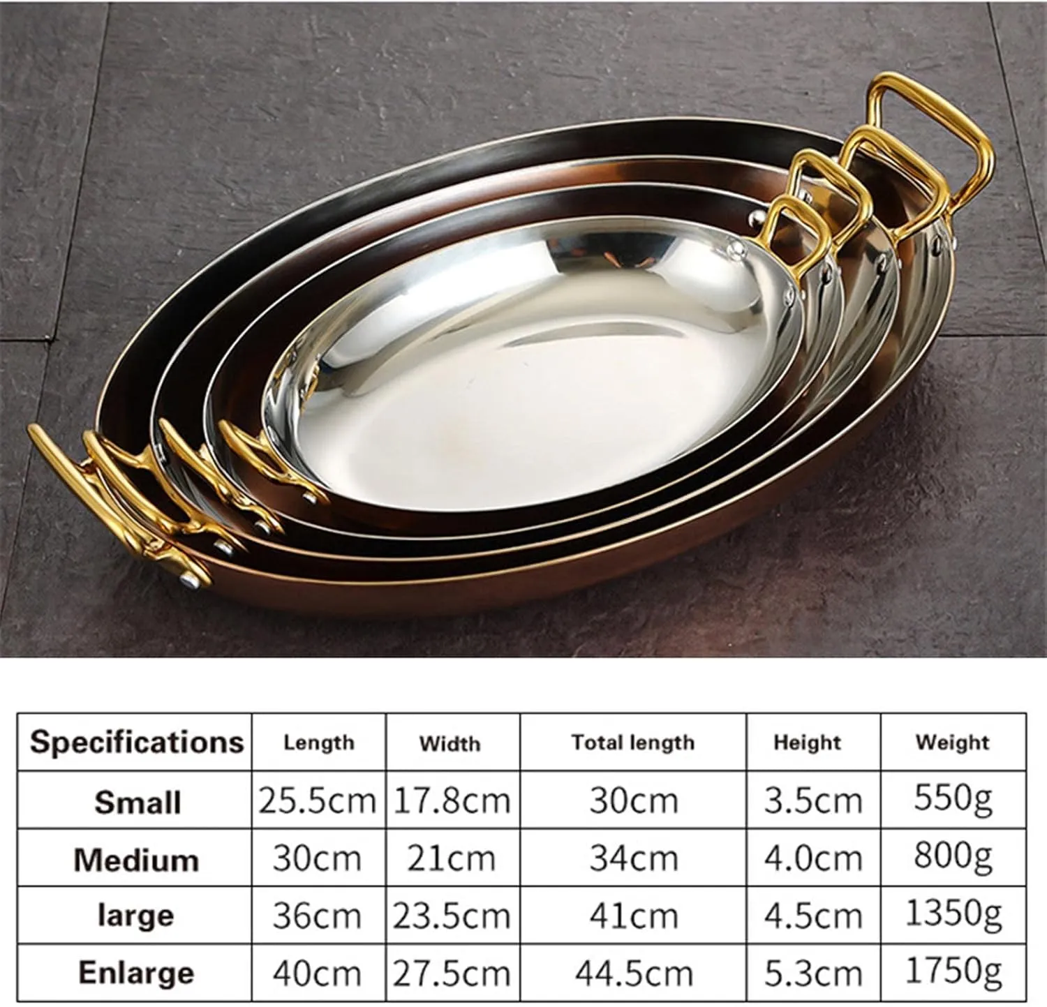 Stainless Steel Oval Spanish Paella Pan, Non Stick Uncoated Saucepan Soup Hot Pot Stockpot with Dual Handle for Home Cooking Cookware Kitchen,Rose Gold