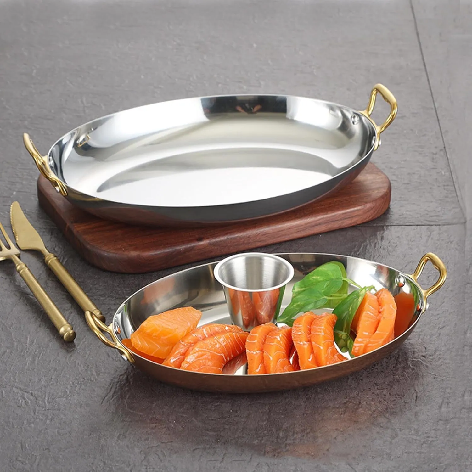 Stainless Steel Oval Spanish Paella Pan, Non Stick Uncoated Saucepan Soup Hot Pot Stockpot with Dual Handle for Home Cooking Cookware Kitchen,Rose Gold