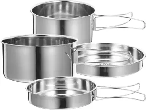 Stainless Steel Pot Pan Set 4-Piece Outdoor Cooking Utensils Kit Durable and Lightweight for Camping Hiking Picnic