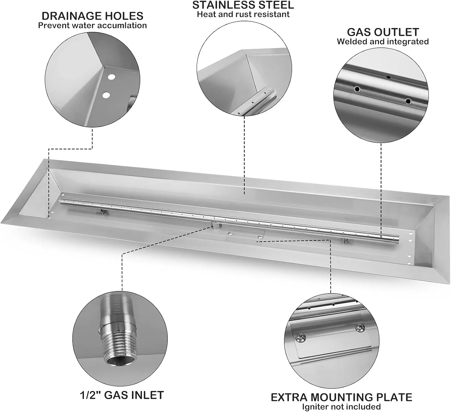 Stanbroil 30 by 6-Inch Stainless Steel Linear Trough Drop-in Fire Pit Pan and Burner, Natural Gas & Propane Firepit for Outside, BTU 54, 000 Max