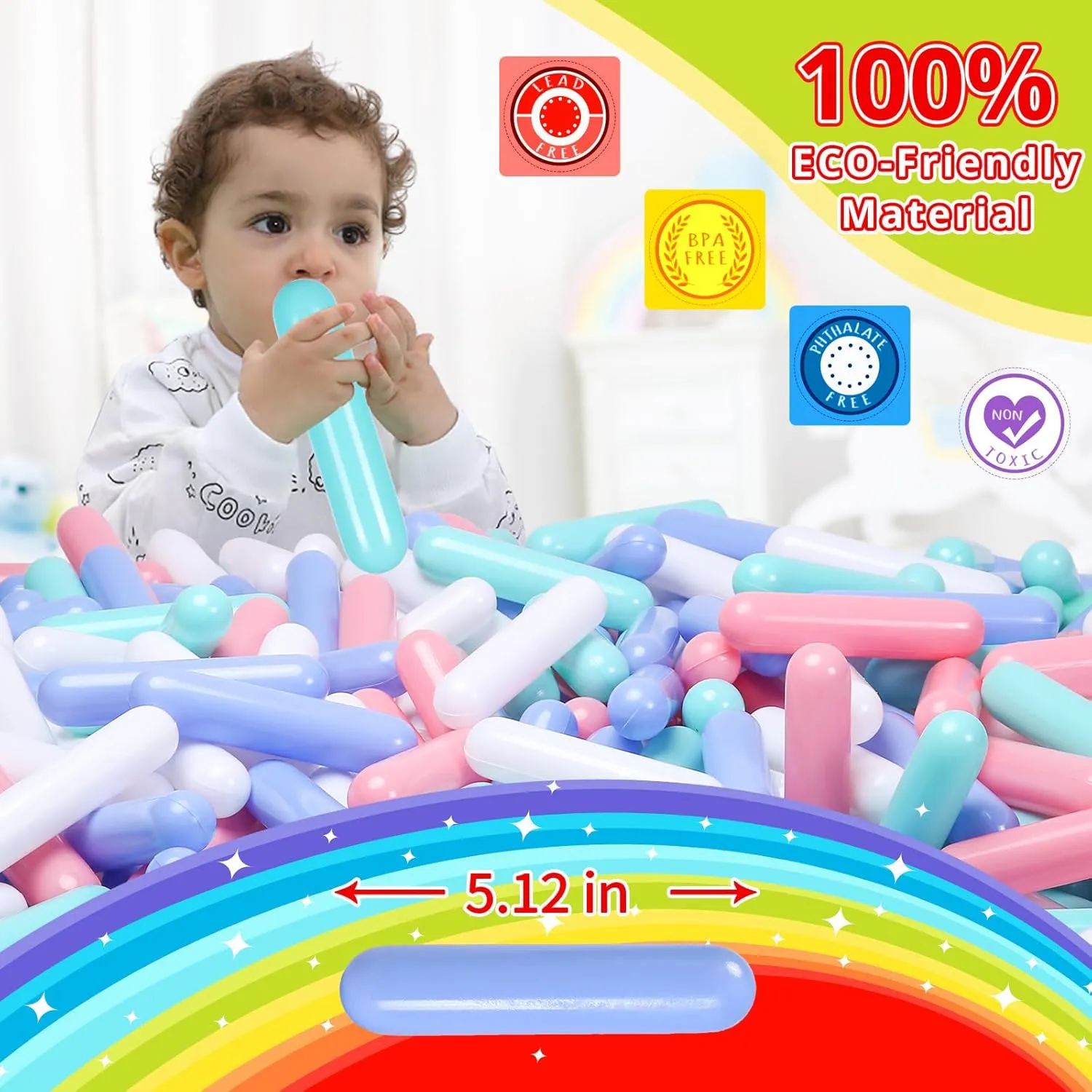 STARBOLO Ball Pit Balls Giant Sprinkles 250 pcs for Toddlers Girl Boy Ball Pit, Playpen, BPA Free Plastic Toy Balls Long Shape Balls for Baby Pool, Macaron Colors