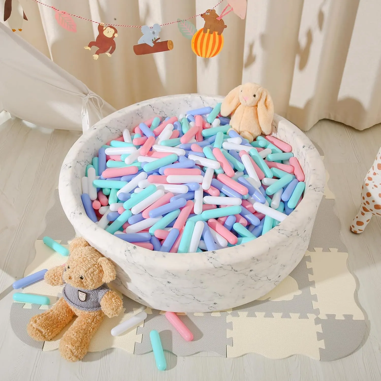 STARBOLO Ball Pit Balls Giant Sprinkles 250 pcs for Toddlers Girl Boy Ball Pit, Playpen, BPA Free Plastic Toy Balls Long Shape Balls for Baby Pool, Macaron Colors