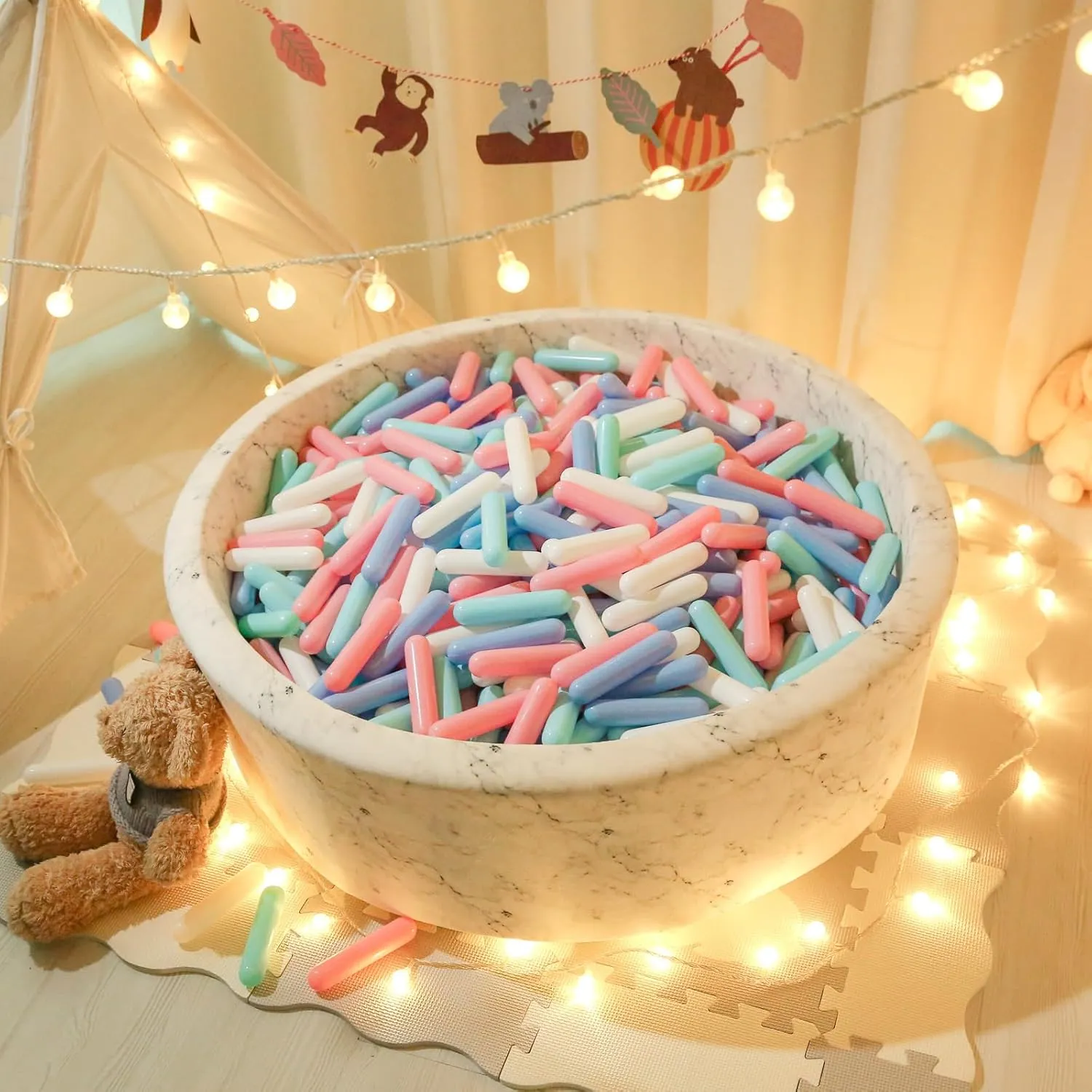 STARBOLO Ball Pit Balls Giant Sprinkles 250 pcs for Toddlers Girl Boy Ball Pit, Playpen, BPA Free Plastic Toy Balls Long Shape Balls for Baby Pool, Macaron Colors