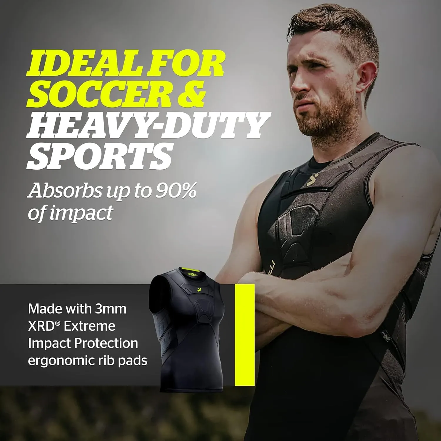 Storelli BodyShield Undershirt, Protective Soccer Base Layer, Lightweight Compression Top with Padded Chest & Rib Protection