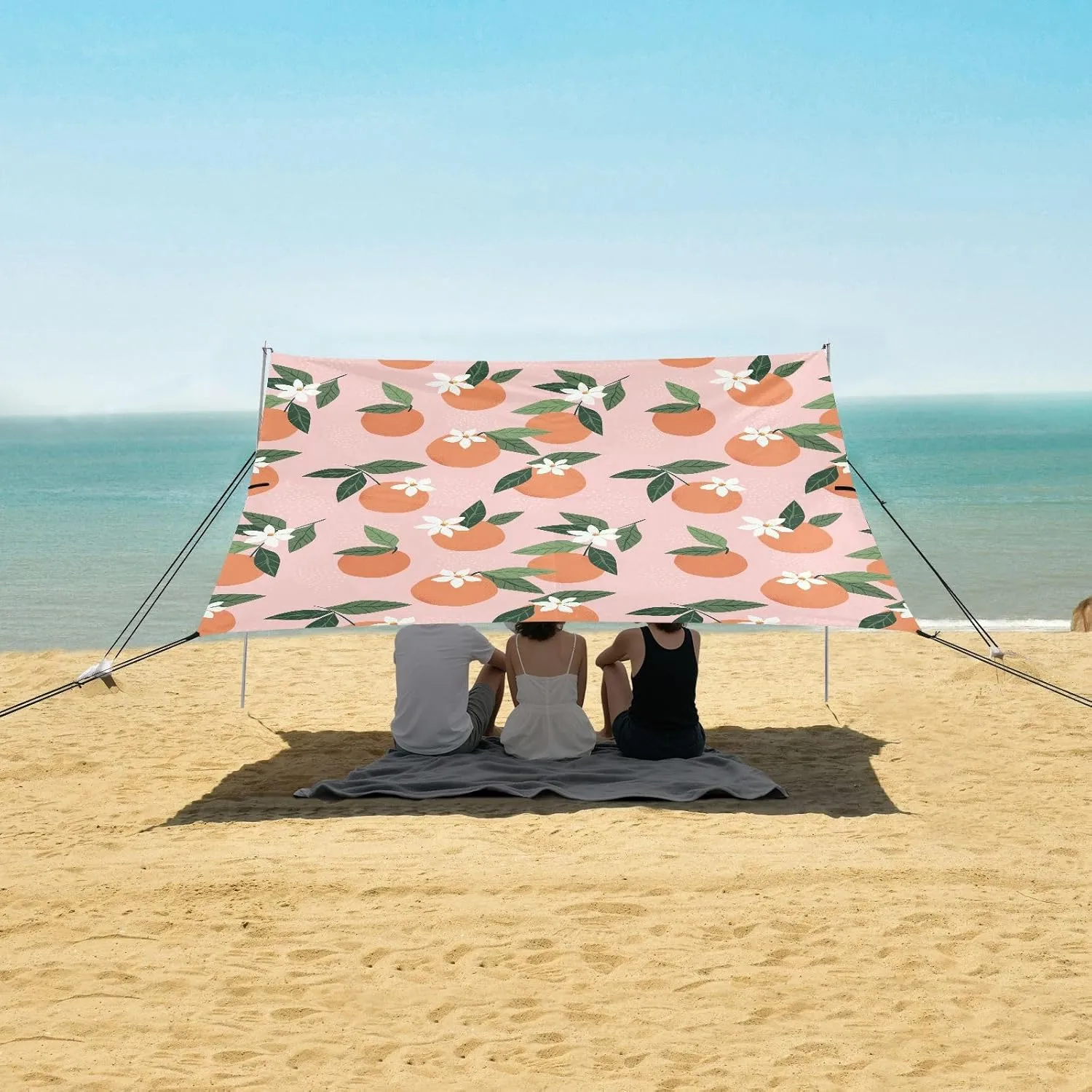 Summer Orange Floral Beach Camping Tent Sun Shelter for Whole Family, Beach Shade Canopy with UPF50  UV Protection,Easy Set Up and Carry,Outdoor Shade for Trips, Fishing, Backyard Fun Picnics